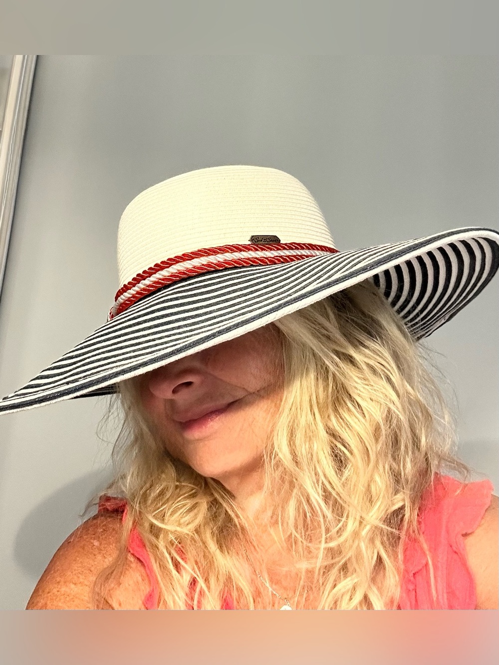 Striped Wide Brim Straw Sun Hat with Red Rope Accent; NWOT, One Size